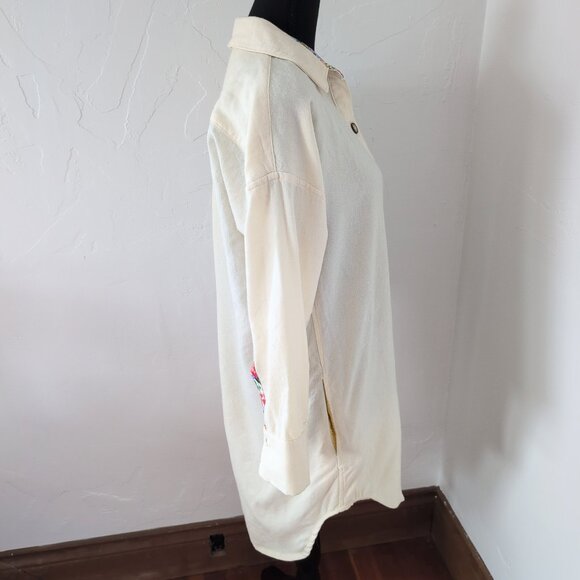 Rifle Paper Company Floral Trim Wool Blend Long-Line Button Up Tunic Off White - Picture 6 of 16